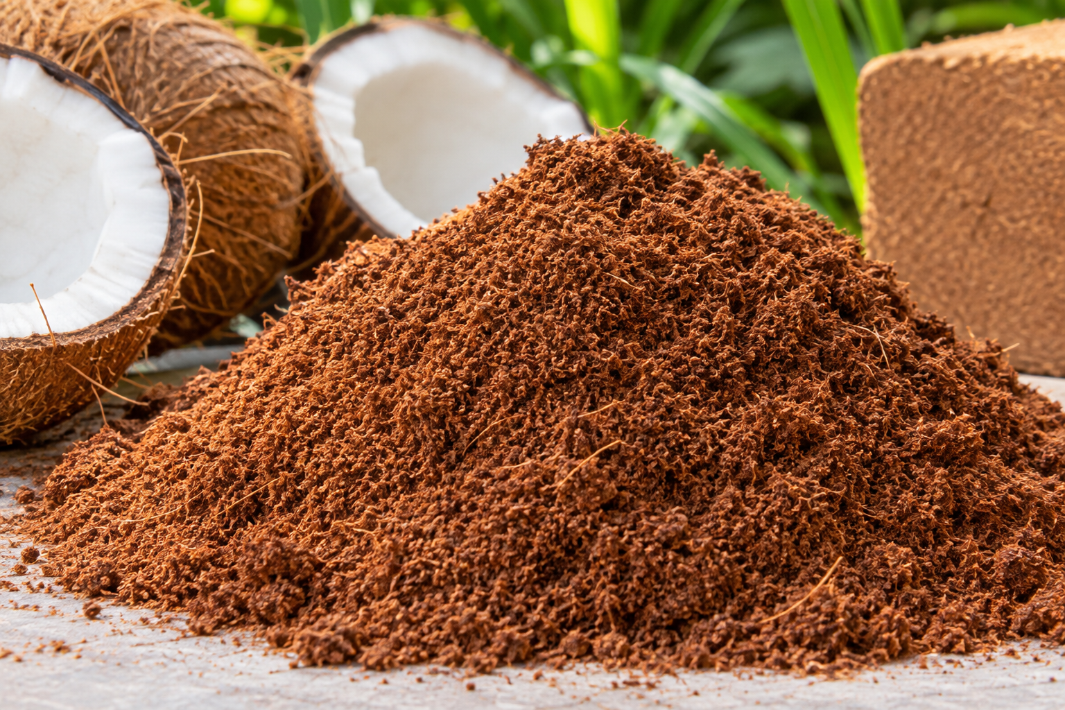 Fine cocopeat powder with coconut husk and compressed cocopeat in the background