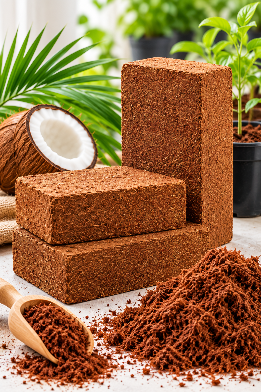 Cocopeat blocks, loose coir pith, and young plants in a growing environment