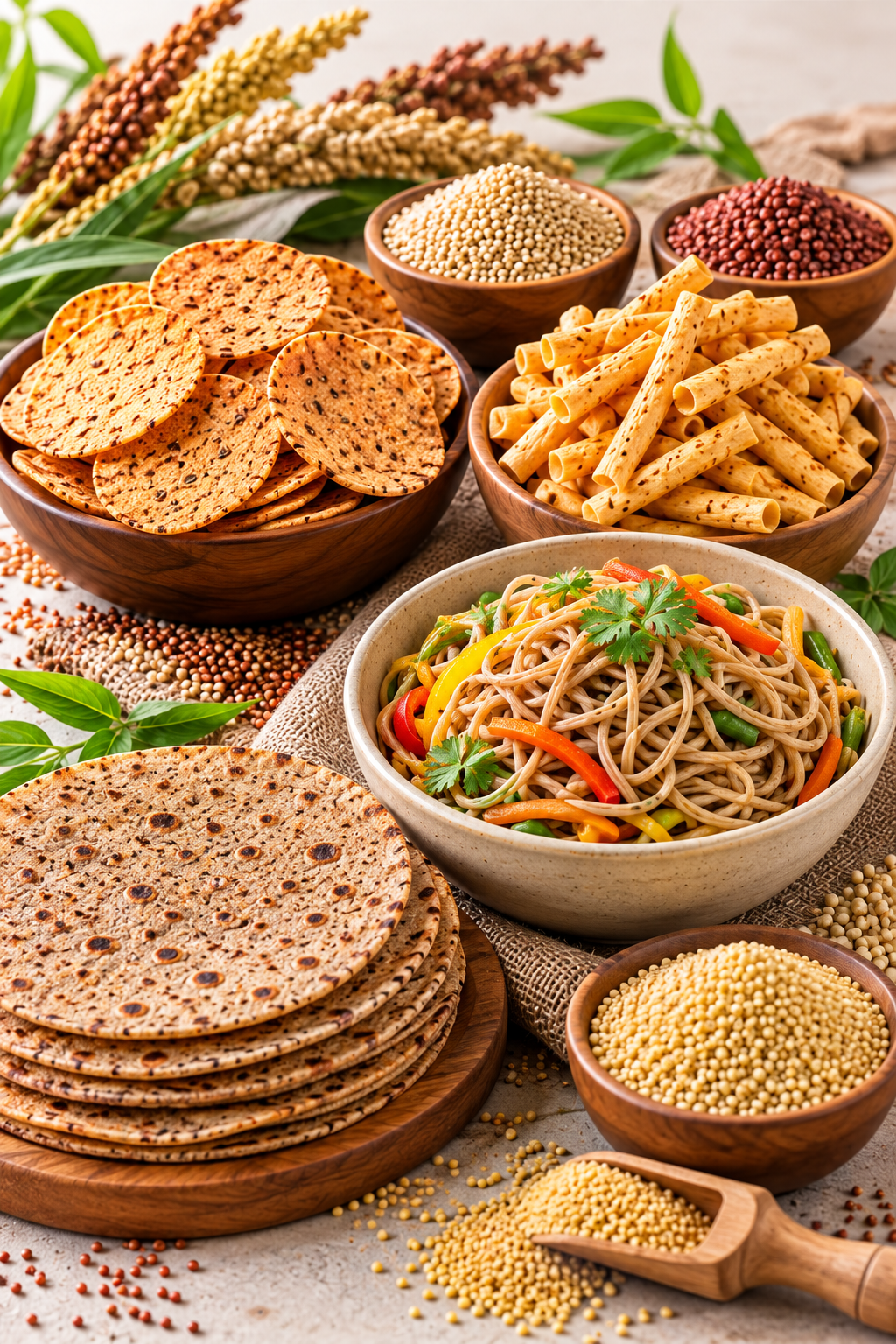 A range of millet grains, snacks and prepared foods.