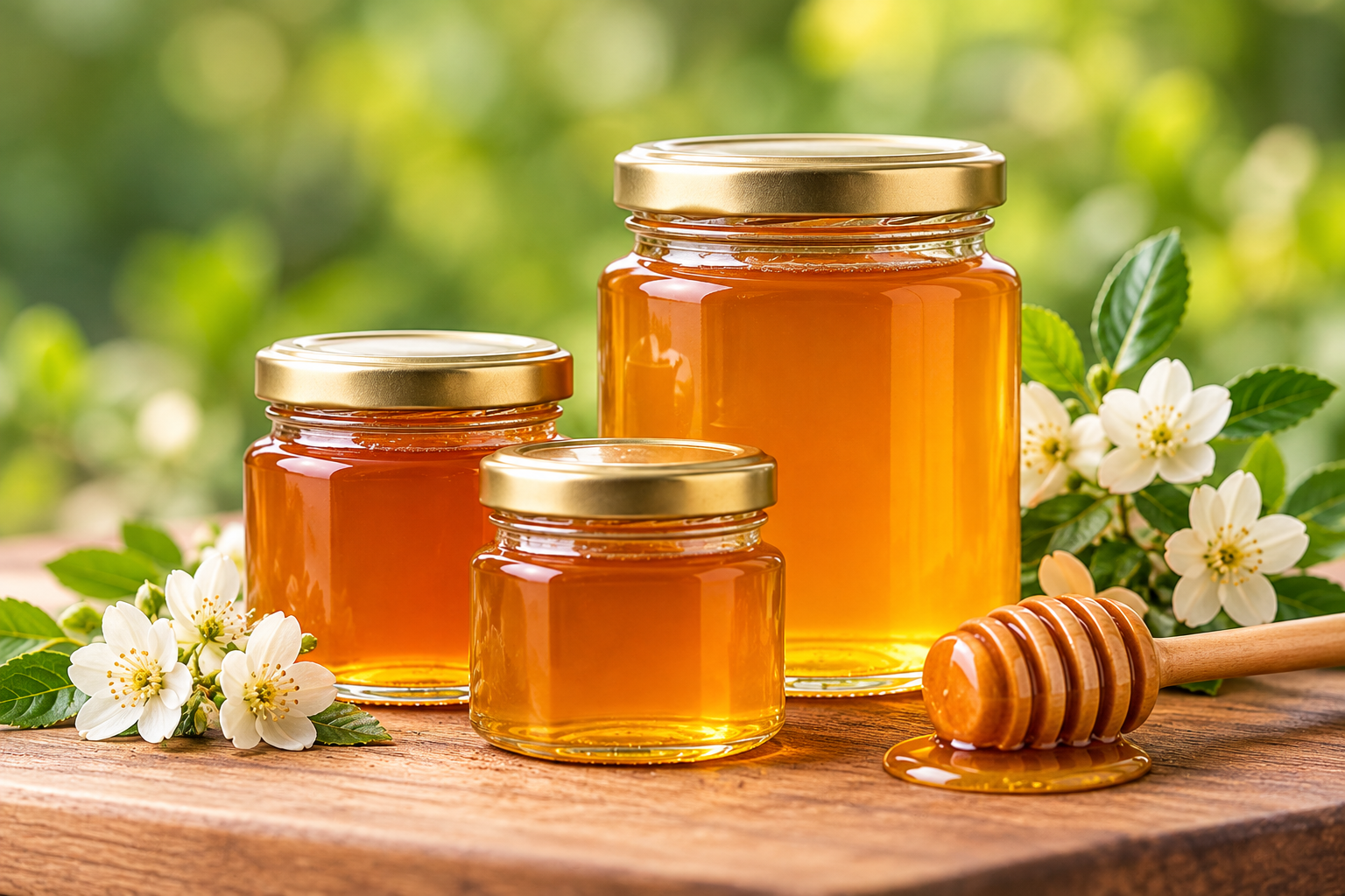 Jars of natural honey with a honey dipper and blossoms.